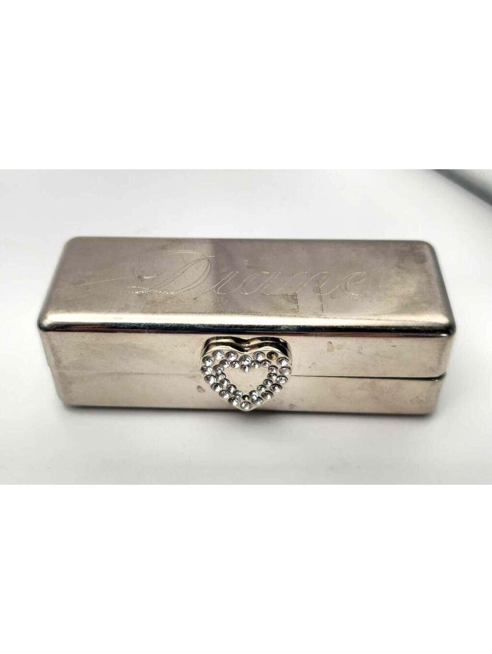 Lipstick Holder Silver Tone Heart Shaped Glass Clasp Engraved "Diane"